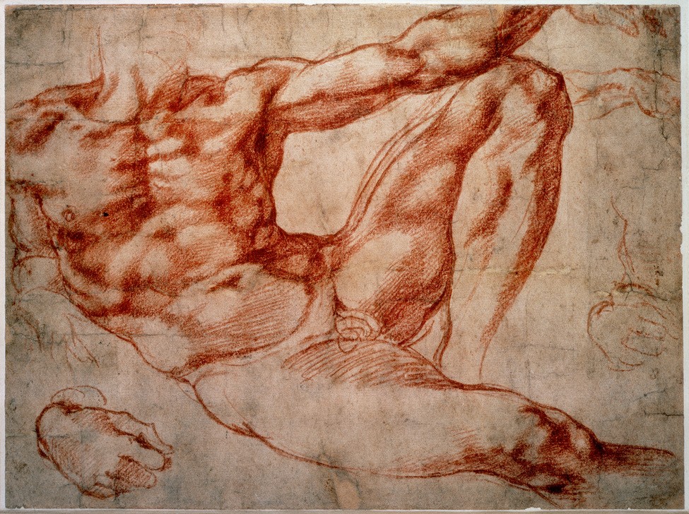 MICHELANGELO BUONARROTI, Liegender männlicher Akt (Altes Testament, Bibel, Akt, Erschaffung Adams, Studie, nackt, Muskulös, Genesis, Skizze, Zeichnung, Klassiker, Renaissance, Wunschgröße, Rötel)
