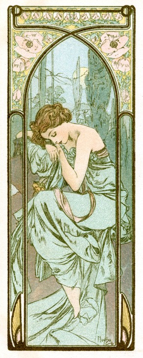 Alfons Maria Mucha, Repose of Night 1899 (Frau,Kunst,Nacht,Portrait,Zeit,Müdigkeit,Kleid,Dame,Trage,Frisur,Farbe)