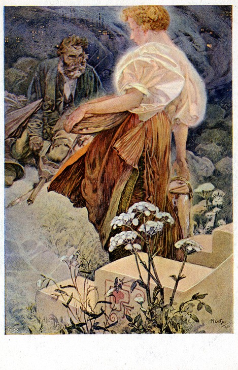Alfons Maria Mucha, Blessed are the Merciful for They Shall Obtain Mercy 1906 (Armut,Brot,Christentum,Frau,Kunst,Mann,Milch,Religion,Portrait,Bluse,Bettler,Nächstenliebe,Mitleid,Kleid,Dame,Getränk,Rock,Farbe)