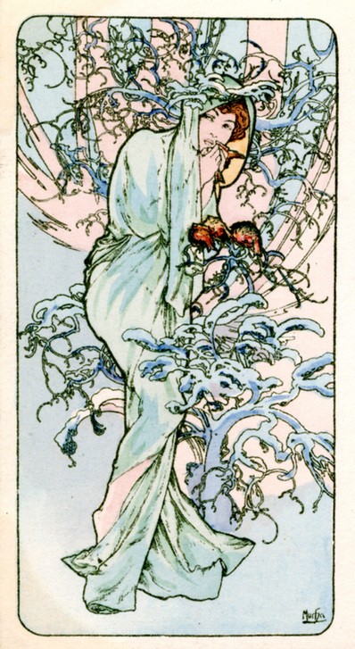 Alfons Maria Mucha, Winter 1900 (Frau,Jahreszeiten,Kunst,Winter,Portrait,Baum,Kleid,Dame,Natur,Grün,Betrieb,Farbe)