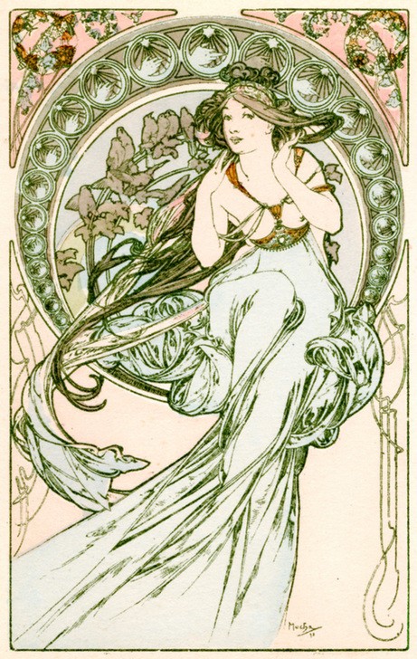 Alfons Maria Mucha, Music 1900 (Frau,Kunst,Musik,Portrait,Kleid,Dame,Blau,Farbe)