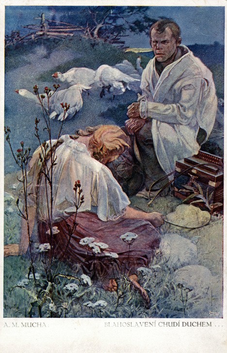 Alfons Maria Mucha, Blessed are the Poor in Spirit for Theirs is the Kingdom of Heaven (Christentum,Frau,Kunst,Mädchen,Mann,Religion,Vogel,Knabe,Traurigkeit,Dame,Sorge,Farbe)
