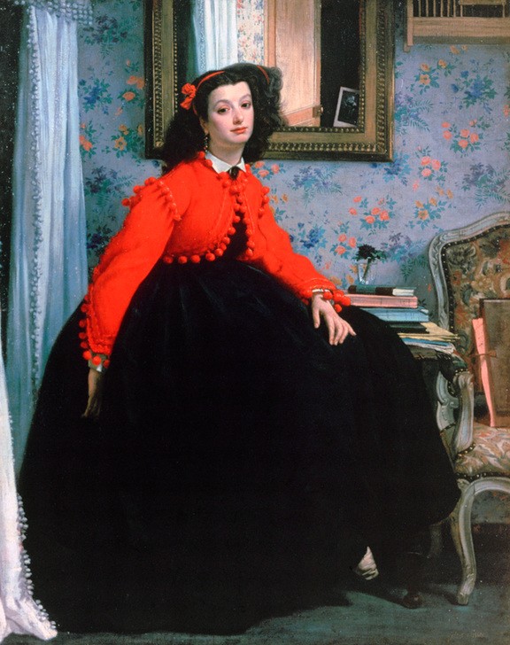 James Tissot (Jacques-Joseph), Portrait of Mlle L L (Frau,Kunst,Mädchen,Portrait,Kleid,Dame,Rock,Jacke,Rot,Farbe)