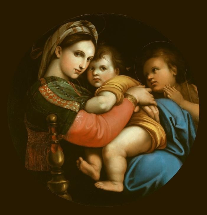 Raffael, Madonna della Sedia (Renaissance, Madonna, Sedia, Kind, Jesus, Johannes, Tondo, Religion, Christentum, Klassiker, Schlafzimmer, Wohnzimmer, Malerei, Wunschgröße, bunt)