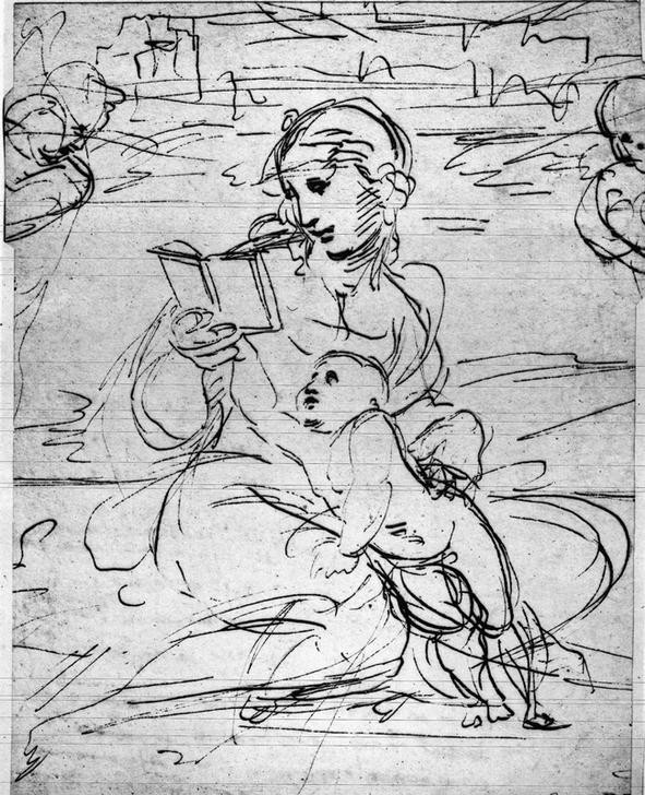 Raffael, Studie zur lesenden Madonna mit Kind (Renaissance, Studie, lesende Madonna, Kind, Jesus,   Religion, Christentum, Klassiker, Schlafzimmer, Wohnzimmer, Malerei, Wunschgröße, schwarz/weiß)