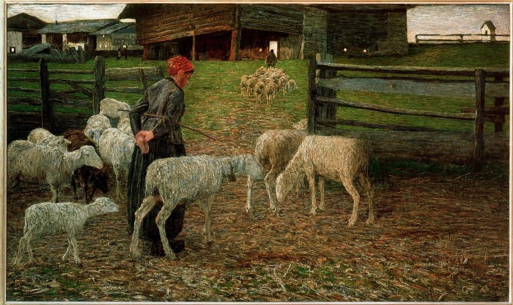Giovanni Segantini, Rückkehr zum Schafstall (Maler (Künstler),Schafzucht,Zoologie,Pointillismus,Bäuerin,Stall,Schaf,Italienische Kunst,Schweizerische Kunst,Rückkehr,Jahrhundertwende,Landwirtschaft,Viehzucht)