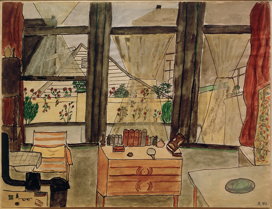 Max Beckmann, Max Beckmanns Schlafzimmer bei geöffnetem Vorhang (Klassische Moderne, Malerei, Expressionismus, Interieur, Einrichtung, Möbel, Fenster, Ausblick, Wunschgröße, Wohnzimmer, Schlafzimmer, bunt)