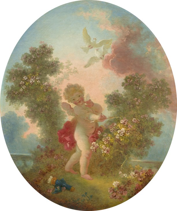 Jean-Honoré Fragonard, Love the Sentinel (Putte, Amor, Pfeil, Köcher, verspielt, Blumenhecke, Versteck, Treppenhaus, Wohnzimmer, Rokoko, Malerei, Klassiker, bunt)