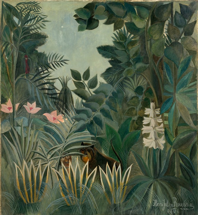 Henri Rousseau, Der äquatoriale Dschungel (Dschungel, Urwald, Pflanzen, Bäume, Blüten, Agaven, Raubkatzen, Leoparden, naive Malerei, Wunschgröße, Wohnzimmer, Treppenhaus, Malerei, klassische Moderne, bunt)