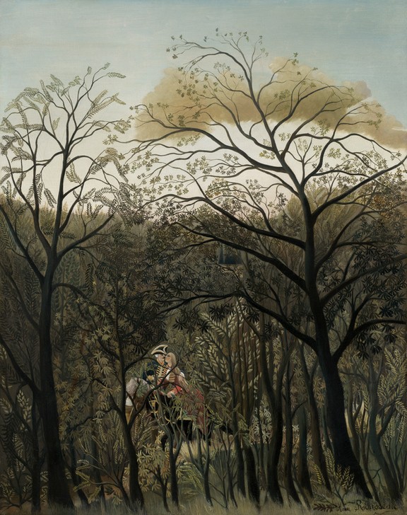 Henri Rousseau, Rendezvous in the Forest (Wald, Liebespaar, Rendezvous,    Versteck, Bank, Heimlichkeit, Naive Malerei, Wunschgröße, Wohnzimmer, Treppenhaus, Malerei, klassische Moderne, bunt)