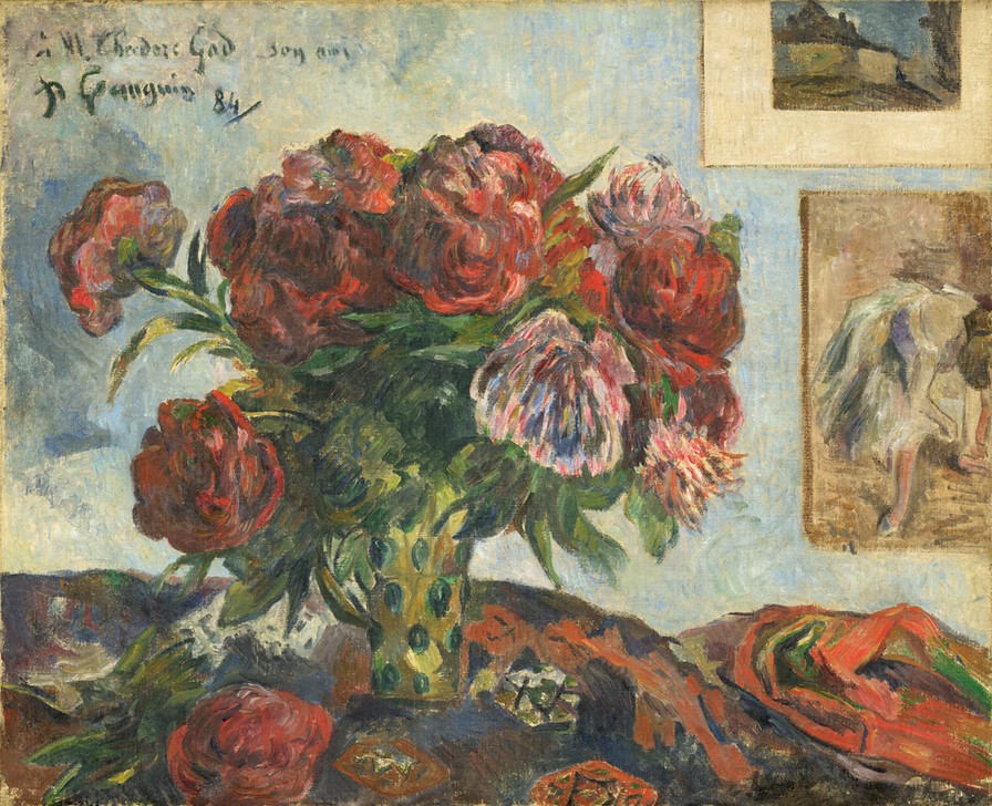 Paul Gauguin, Still Life with Peonies (Stillleben, Blumenstrauß, Pfingstrosen, Krug, Decke, Wunschgröße, Klassische Moderne, Impressionismus, Malerei,  Wohnzimmer,  bunt)