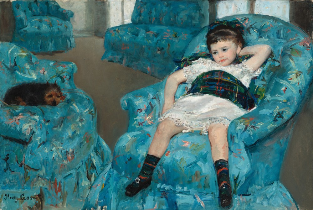 Mary Cassatt, Kleines Mädchen in einem blauen Sessel (Mädchen,Hund,Sessel,Blau)