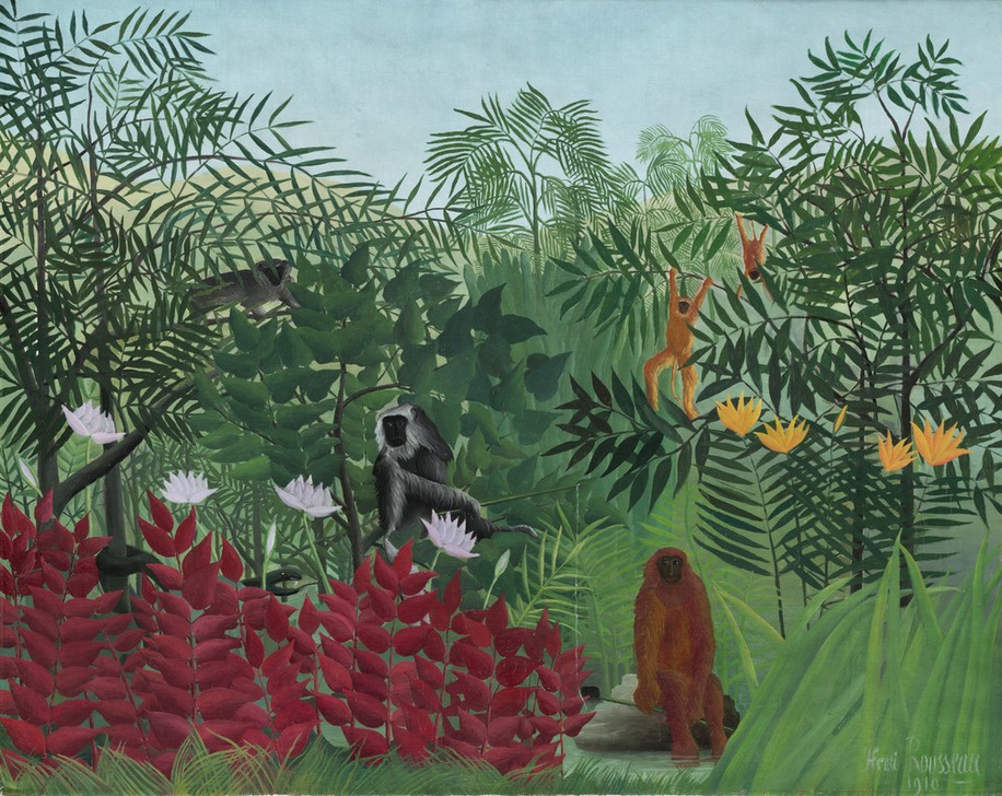 Henri Rousseau, Tropical Forest with Monkeys (Dschungel, Wald, exotisch, Affen, Urwald, magischer Realismus, Wohnzimmer, Treppenhaus, Malerei, Wunschgröße, Klassische Moderne, bunt)