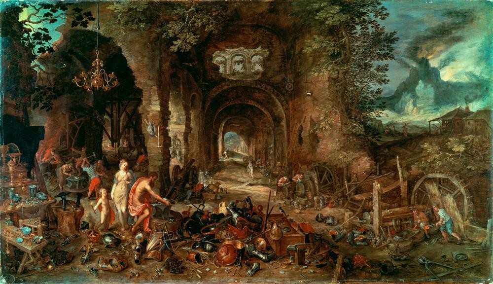 Jan Brueghel der Ältere, Venus in der Schmiede des Vulkan (Mythologie,Schmied,Vulkan,Waffe,Barock,Technik,Hammerschmiede,Niederländische Kunst,Metallverarbeitung,Griechisch-Römische Mythologie,Handwerk,Waffenschmied)