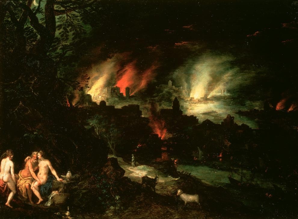 Jan Brueghel der Ältere, Sodom und Gomorrha (Feuer,Nacht,Renaissance,Altes Testament,Bibel,Sodom Und Gomorrha,Niederländische Kunst,Lot Und Seine Töchter,Grossbrand,Jüdisch-Christlich,Brand)