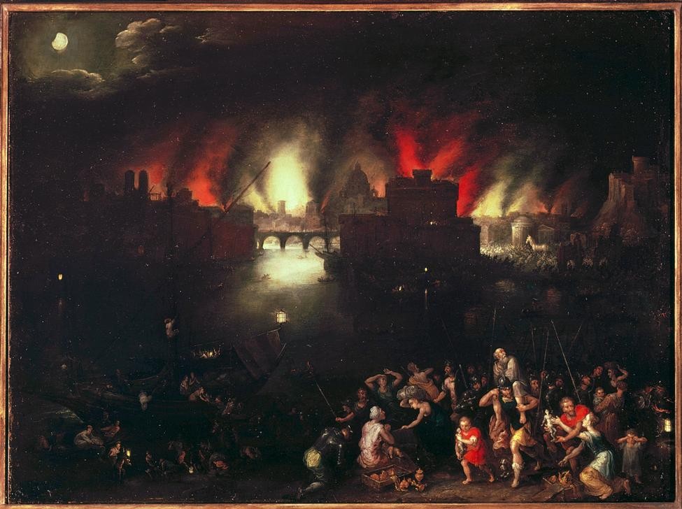 Jan Brueghel der Ältere, Das brennende Troja (Feuer,Krieg,Mythologie,Nacht,Flucht,Trojanischer Krieg,Brandschatzung,Manierismus,Niederländische Kunst,Trojanisches Pferd,Grossbrand,Griechisch-Römische Mythologie,Brand)