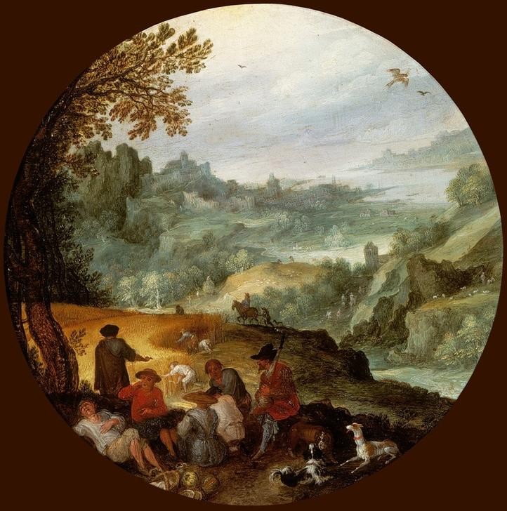 Jan Brueghel der Ältere, Die Ernte (Ernte,Flämische Kunst,Landschaft,Volkskunde,Getreide,Tondo,Niederländische Kunst,Land Und Leute,Landwirtschaft)