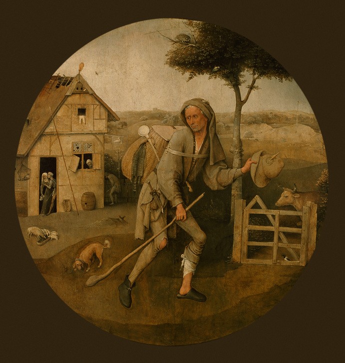 Hieronymus Bosch, Der Landstreicher (Armut,Brauchtum,Gesellschaft,Religion,Rind,Soziales,Hund,Allegorie,Landstreicher,Neues Testament,Bibel,Verletzung,Gleichnis,Gepäck,Kiepe,Niederländische Kunst,Der Verlorene Sohn,Urinieren,Landleben,Schweinezucht,Magersucht,Baufälligkeit,Verwitterung,Zerfa)