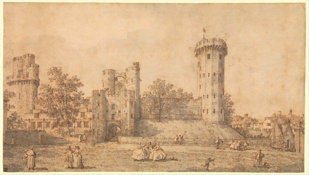 Giovanni Antonio Canaletto, Warwick Castle: The East Front (Landschaft, Architektur, Gebäude, Burg, Studie,   England,  Barock, Vedute, Zeichnung, Grafik, Klassiker, Wunschgröße, Wohnzimmer)