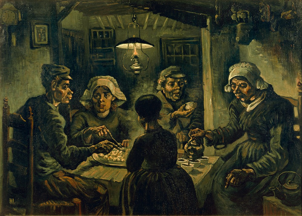 Vincent van Gogh, Die Kartoffelesser (Armut,Essen Und Trinken,Familie,Kunst,Licht Und Beleuchtung,Mensch,Petroleumlampe,Soziales,Tafelsitten,Volkskunde,Impressionismus,Nahrungsmittel,Kartoffel,Niederländische Kunst,Holländische Kunst,Familienleben,Landbevölkerung,Gestohlene Kunstwerke,Beschei)