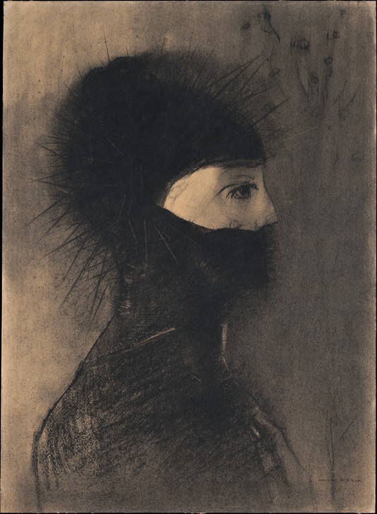 Odilon Redon, Armor (Symbolismus, Figurativ,  Gesicht, Rüstung, Profil, Kopfschmuck, Nadelspitzen, Waffen, Treppenhaus, Wohnzimmer, Wunschgröße, klassische Moderne, Malerei, schwarz/weiß)