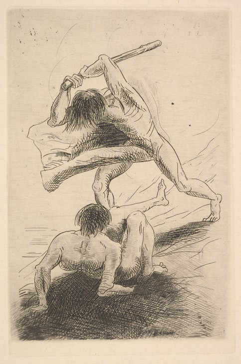 Odilon Redon, Cain and Abel (Kain und Abel, Brudermord, Kampf, Religion, Altes Testament, Figurativ, Treppenhaus, Wohnzimmer, Wunschgröße, klassische Moderne, Zeichnung, schwarz/weiß)