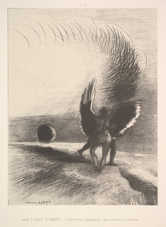 Odilon Redon, In the shadow of the wing, the black creature bit (Dämon, schwarzes Flügelwesen, Biss, Symbolismus, Treppenhaus, Wohnzimmer, Studie, Zeichnung, Wunschgröße, schwarz/weiß)