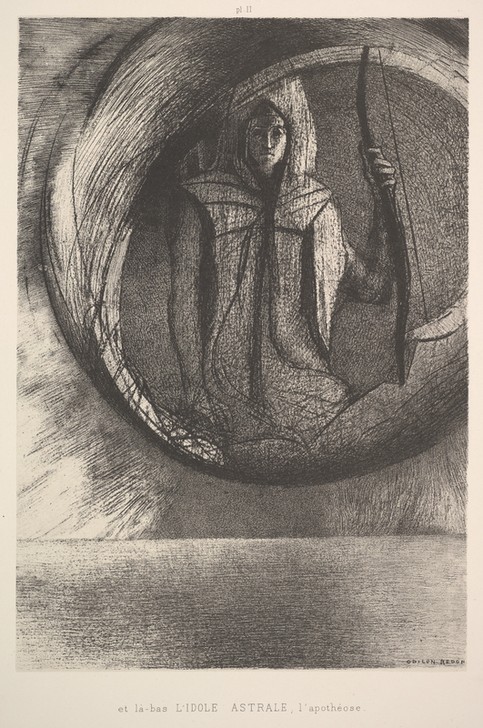Odilon Redon, And over there, the Astral Idol, the Apotheosis (Sternenidol, Vergöttlichung, Verherrlichung, Bogenschütze, Schütze, Sternbild, Symbolismus, Treppenhaus, Wohnzimmer, Studie, Zeichnung, Wunschgröße, schwarz/weiß)