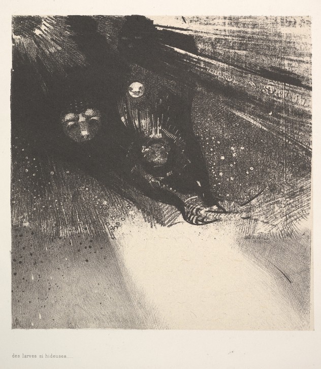 Odilon Redon, Hideous Larvae (Geister, Fratzen, abscheulich, Lemures, Lemuren, Verstorbene, mystisch, Symbolismus, Treppenhaus, Wohnzimmer, Studie, Zeichnung, Wunschgröße, schwarz/weiß)