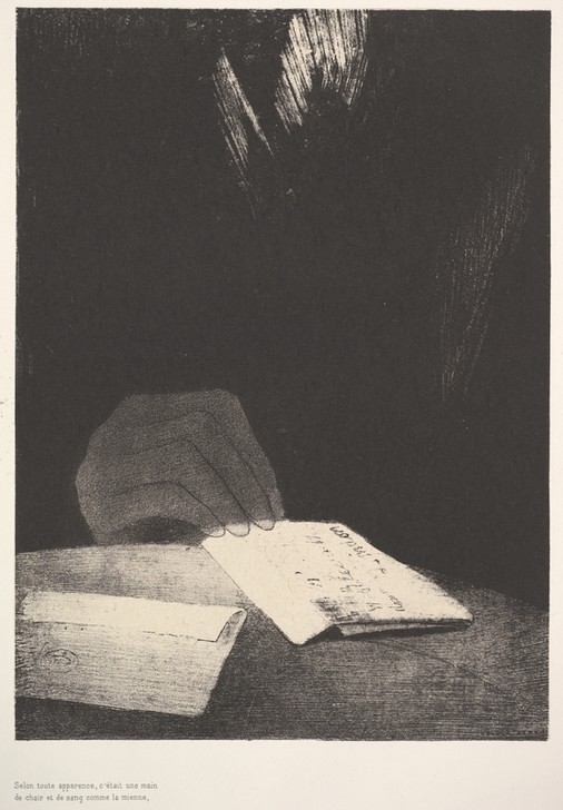 Odilon Redon, To all appearances, it was a hand of flesh and blood just like my own (Erscheinung, Geisterhand, Brief, mystisch, Symbolismus, Treppenhaus, Wohnzimmer, Studie, Zeichnung, Wunschgröße, schwarz/weiß)