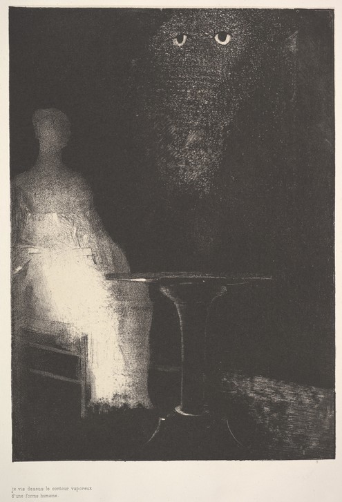 Odilon Redon, Below, I saw the vaporous contours of a human form (Erscheinung, Geist, menschliche Konturen, diffus, Fratze, mystisch, Symbolismus, Treppenhaus, Wohnzimmer, Studie, Zeichnung, Wunschgröße, schwarz/weiß)