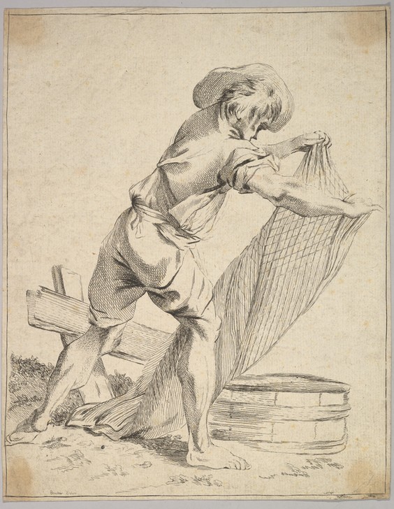 Francois Boucher, Peasant Holding Fish Net (Fischer, Fischernetz, Handwerk, Studie, Rokoko, Klassiker, Wunschgröße, Wohnzimmer, Treppenhaus, Grafik, schwarz/weiß)