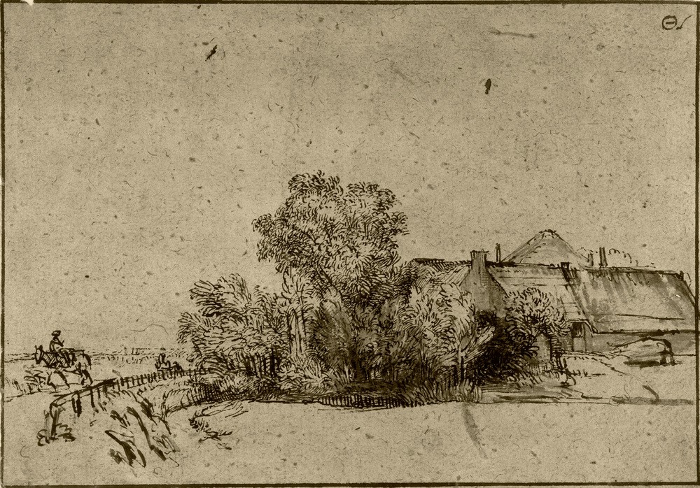 Rembrandt Harmenszoon van Rijn, Bauernhaus in Amsteldijk (Bauernhaus,Landschaft,Barock,Niederländische Kunst)