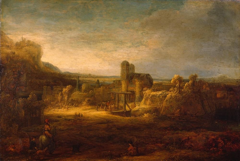 Rembrandt Harmenszoon van Rijn, Landschaft mit einer Zugbrücke (Brücke,Landschaft,Zugbrücke,Barock,Holzbrücke,Niederländische Kunst)