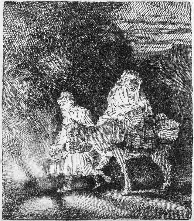 Rembrandt Harmenszoon van Rijn, Die Flucht nach Ägypten (Nachtstück) (Christentum,Religion,Barock,Heilige Familie,Esel,Neues Testament,Bibel,Lasttier,Flucht Nach Ägypten,Niederländische Kunst,Holländische Kunst,Maria Und Joseph,Kindheit Jesu)