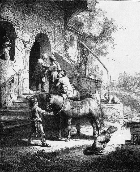 Rembrandt Harmenszoon van Rijn, Der barmherzige Samariter (Christentum,Erste Hilfe,Gasthaus,Herberge,Religion,Barock,Neues Testament,Bibel,Gleichnis,Barmherziger Samariter,Niederländische Kunst,Nächstenliebe,Mitleid,Holländische Kunst,Hilfeleistung,Lukasevangelium,Barmherzigkeit,Altruismus,Samariter)