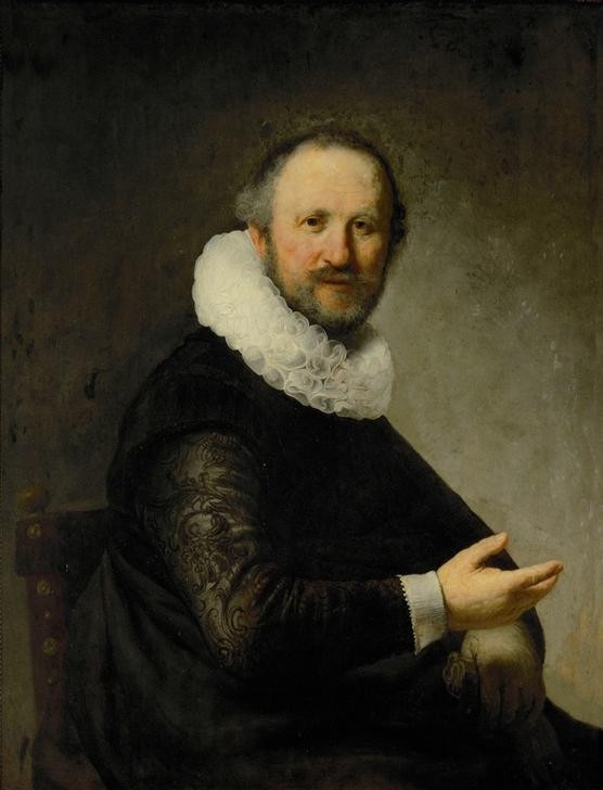 Rembrandt Harmenszoon van Rijn, Männliches Bildnis (Herrenmode,Mann,Mode,Bart,Barock,Portrait,Bürgertum,Halskrause,Niederländische Kunst,Lächeln,Paar,Kleidung (Allgemein),Rüschen,Kragen,Spitzenmanschette)