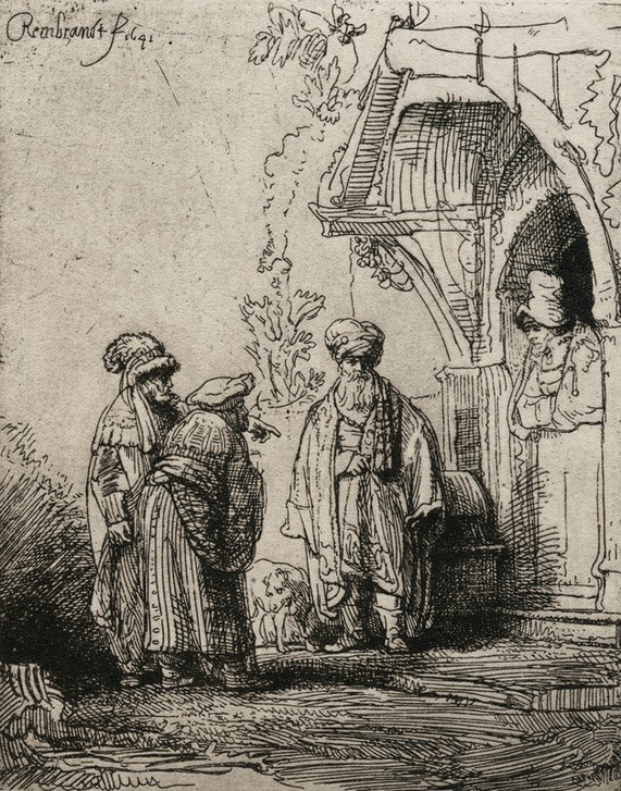 Rembrandt Harmenszoon van Rijn, Die drei Orientalen (Mann,Szene,Barock,Niederländische Kunst,Im Freien (Allgemein),Orientalistik,Drei,Haustür)