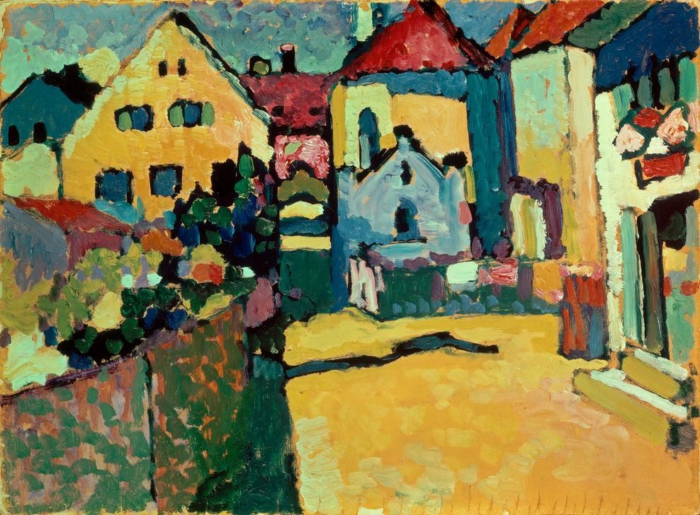 Wassily Kandinsky, Grüngasse in Murnau (Murnau – Grün– gasse) (Architektur, Dorfstrasse, Dorf, Jahreszeiten, Sommer, Kleinstadt, Expressionismus, Russische Architektur, Gasse, Wohnzimmer, Treppenhaus, Wunschgröße, Klassische Moderne, bunt)