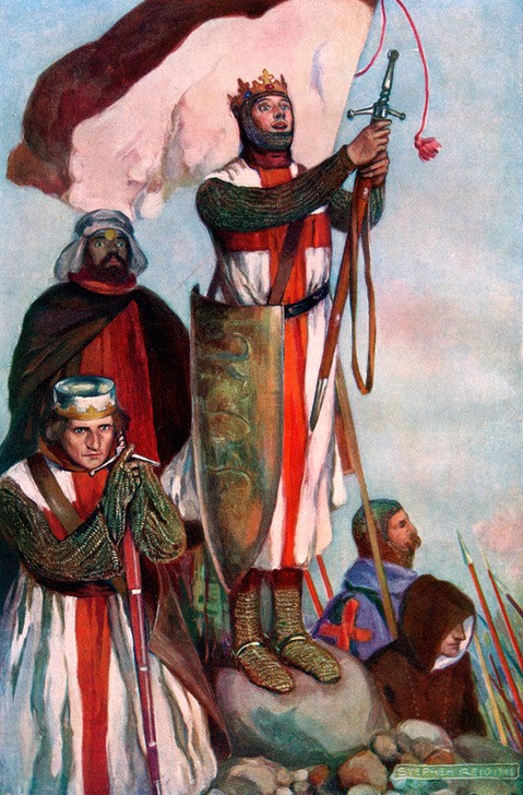 Stephen Reid, Crusaders sighting Jerusalem, 1909 (Christentum,König,Krieg,Mann,Religion,Ritter,Soldat,Waffe,Heer,Mönch,Klinge,Krone,Fahne,Farbe)