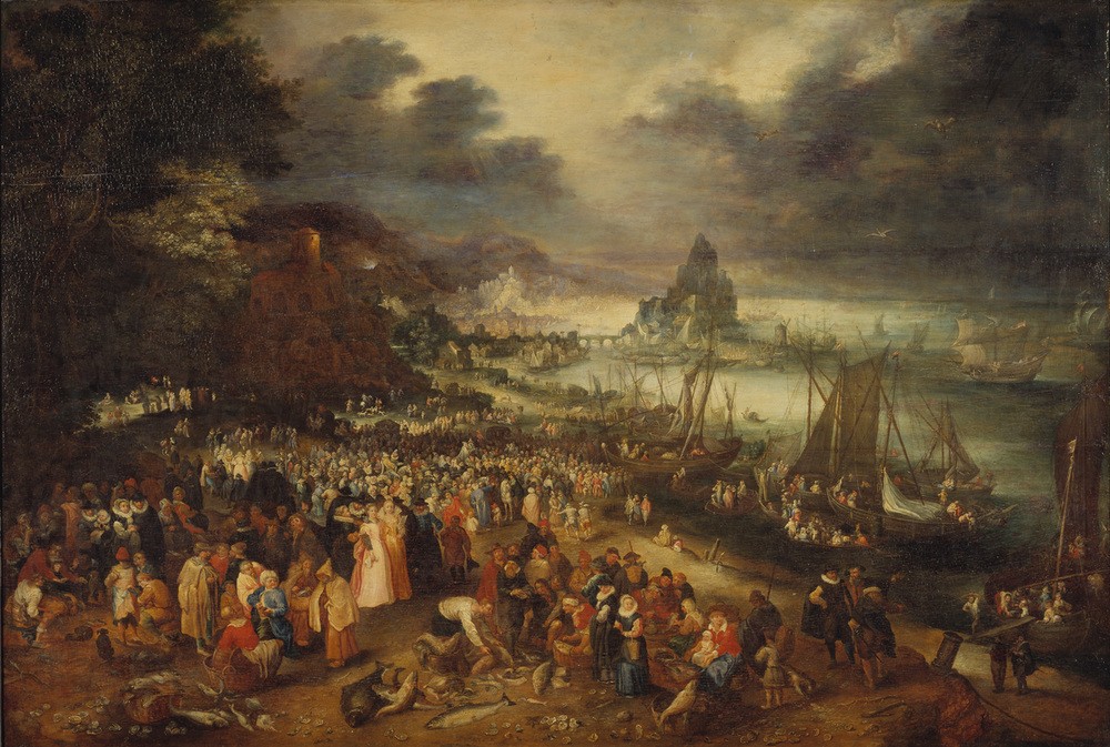 Jan Brueghel der Ältere, Christ Preaching from the Boat (Boot,Christentum,Fischerei,Fischmarkt,Hafen,Handel,Kunst,Landschaft,Markt,Mensch,Religion,Schiff,Fischerboot,Renaissance,Neues Testament,Bibel,Predigt,Weltlandschaft,Niederländische Kunst,Menschenmenge,Leben Jesu,Schifffahrt)