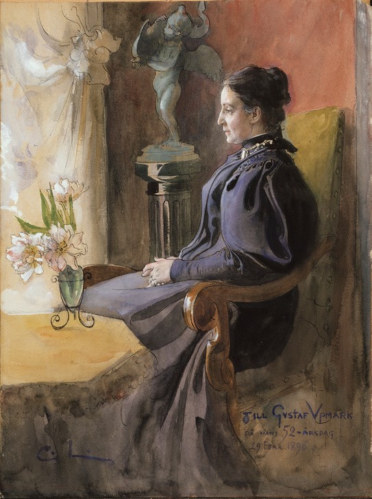 Carl Larsson, Eva Upmark (Damenmode,Frau,Kunst,Mode,Putto,Portrait,Vase,Schwedische Kunst,Widmung,Kleid,Profil,Blume,Sitzen,Jahrhundertwende,Aktivistin,Skulptur Im Bild,Hände Im Schoss,Person)