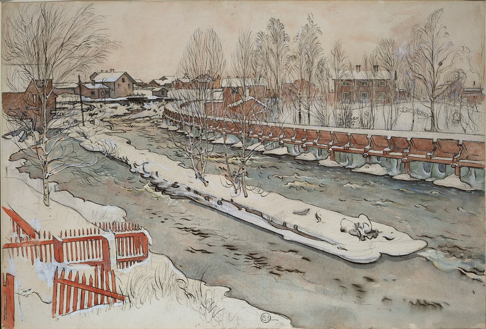 Carl Larsson, The Timber Chute. Winterscene (Dorf,Haus,Kunst,Landschaft,Stadt,Winter,Holz,Schnee,Architekturdarstellung,Schwedische Kunst,Rutschbahn,Skandinavische Kunst)