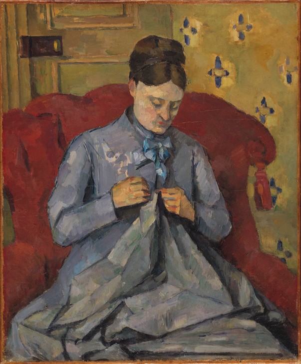 Paul Cézanne, Porträt der Ehefrau des Künstlers (Ehefrau,Frau,Handarbeit,Kunst,Maler (Künstler),Tapete,Impressionismus,Ehefrau Von Berühmten,Portrait,Nähen,Künstlerfrau,Französische Kunst,Sessel,Sitzen,Kniestück,Person)