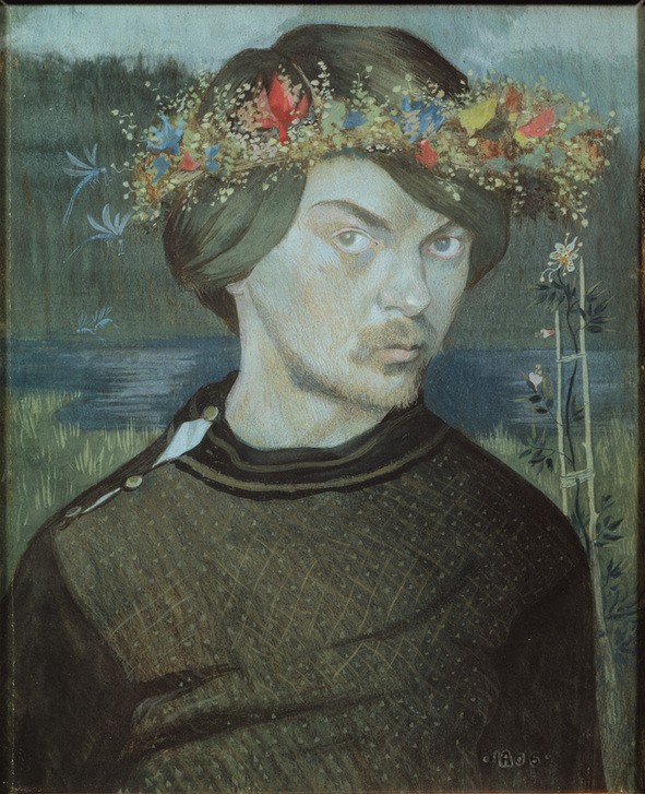 Ivar Axel Henrik Arosenius, Selbstbildnis (Künstler,Kunst,Maler (Künstler),Mann,Blumenkranz,Selbstbildnis,Portrait,Schwedische Kunst,Kopfschmuck,Jahrhundertwende,Skandinavische Kunst,Blick Aus Dem Bild,Brustbild,Person,Junger Mann)