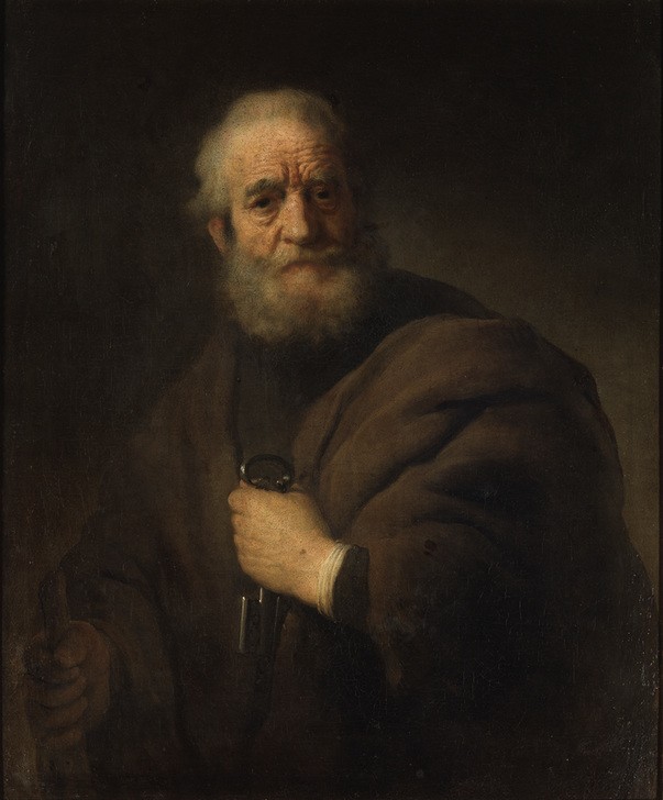 Rembrandt Harmenszoon van Rijn, Hl. Petrus (Christentum,Heilige,Kunst,Mann,Religion,Bart,Barock,Neues Testament,Bibel,Apostel,Portrait,Schlüssel,Niederländische Kunst,Vollbart,Alter Mann,Heiliger,Halbfigur)