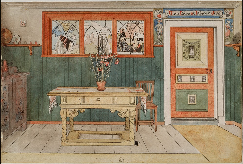 Carl Larsson, Das Esszimmer (Architektur,Jugendstil,Kunst,Möbel,Tür,Wohnhaus (Allgemein),Wohnung,Innenarchitektur,Tisch,Speisezimmer,Interieur,Topfpflanze,Schwedische Kunst,Zimmerpflanze,Skandinavische Kunst,Blumentopf,Person)