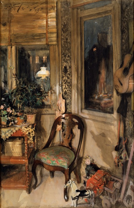 Carl Larsson, Spielzeug in der Ecke (Fenster,Gitarre,Kunst,Puppe (Gegenstand),Spielzeug,Wohnung,Tageszeiten,Abend,Nacht,Spiegelung,Erker,Interieur,Topfpflanze,Schwedische Kunst,Zimmerpflanze,Stuhl,Spielzeugpferd,Handwagen,Jalousie,Skandinavische Kunst,Bollerwagen,Ausblick,Rolladen)