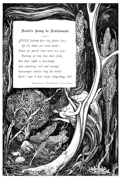 Charles S Ricketts, Ariel's song to Ferdinand, 1895 (Kunst,Literatur,Spiel,Nymphe,Poesie,Schauspiel,Lied,Monochromie)