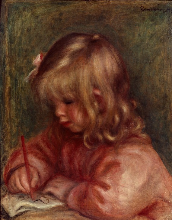 Pierre-Auguste Renoir, Coco écrivant (Kind,Künstler,Kunst,Mensch,Stift,Impressionismus,Kleinkind,Portrait,Französische Kunst,Knabe,Haarschleife,Schreiben,Schleife,Langes Haar,Kinderbildnis,Jahrhundertwende)